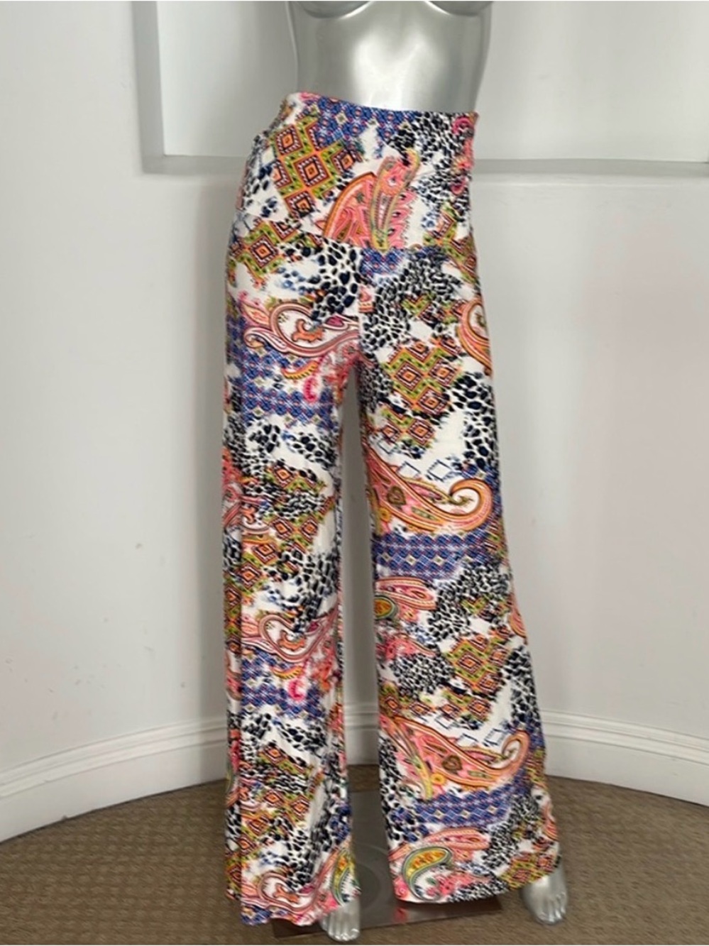 Wide-Leg Printed Palazzo Pants in Paisley Fold Over Multicolor